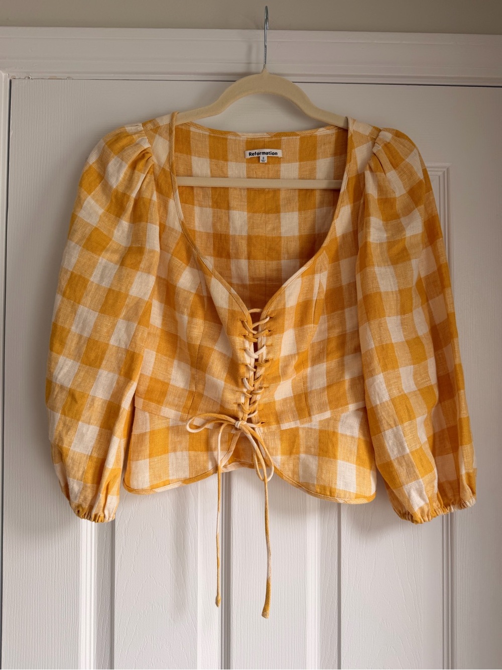 Reformation Yellow Gingham Linen Lace-Up Puff Sleeve Top Size 0